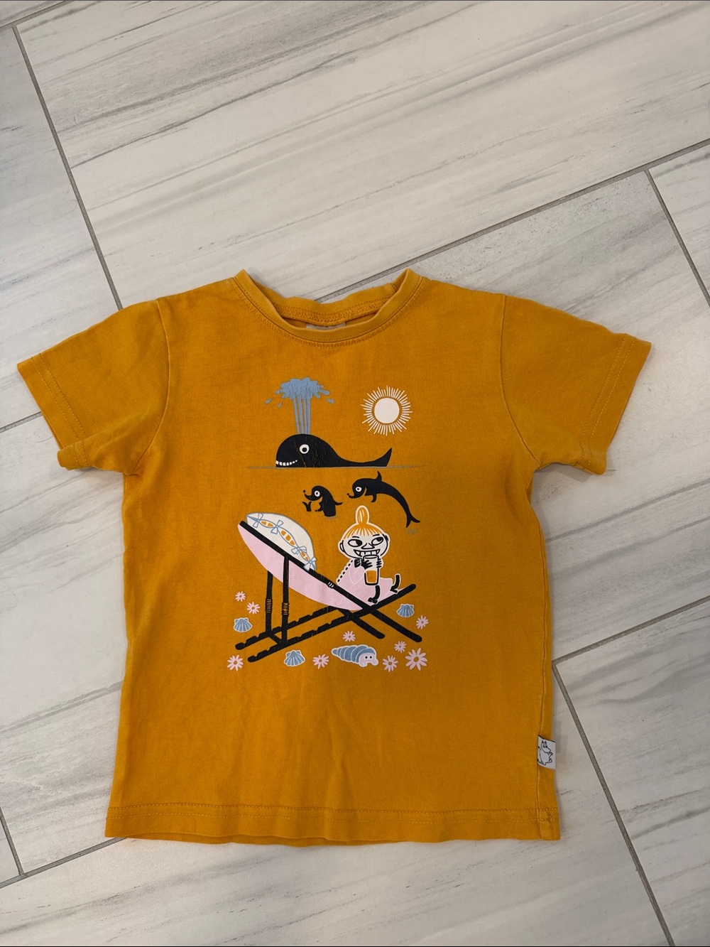 Moomin Characters Mustard Yellow Whale and Little My Graphic Short Sleeved Tee